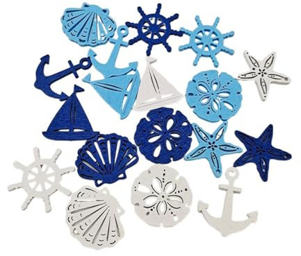 50 Stück Mediterraner Stil Holzstück Streuteile Sand Dollar Muschel Seestern Steuerrad Anker Form Mini Holz Ornamente