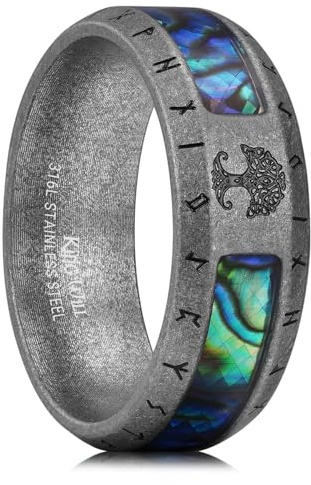 King Will 316L Stainless Steel Ring for Men, Viking Wedding Band with Tree of Life & Rune Design, Abalone Shell Inlay, Vintage Finish, Tree of Life Silver Grey, V 1/2(11)