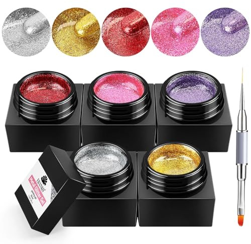 EBANKU Silver Metal Glitter Gel Nail Polish 5 Colors Painted Metal Platinum Drawing Gel Polish with Nail Brush, Gold Silver Red Glitter Nail Polish Sparkling Soak Off Gel for Nail Design