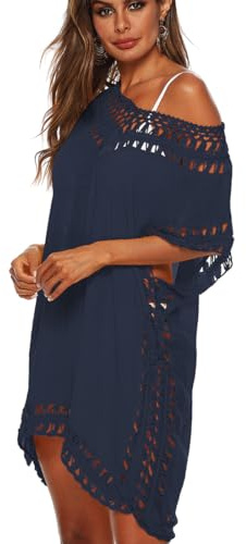 YKDLLF Badkläder för kvinnor med lång sommarskjorta bomull blus sexig spets strand kimono hals för kvinnor öppen och transparent morgonrock med fransar perfekt för semester, Marinblå, one size