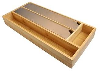 MOON HOME Folienspender mit 4 Fächern, Alufolie, Frischhaltefolie & Backpapier, aus Bambus/Holz, Edelstahl-Schneideklinge, Folienschneider Küche, Folienspender Schublade, 42 x 19 x 5,4 cm