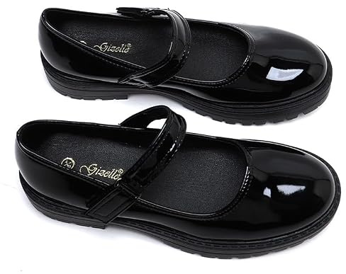 Gizelle Girls Back to School Black Mary Jane Shoes - Comfortable Anti-Slip Uniform Shoes with Ankle Strap for Girls UK