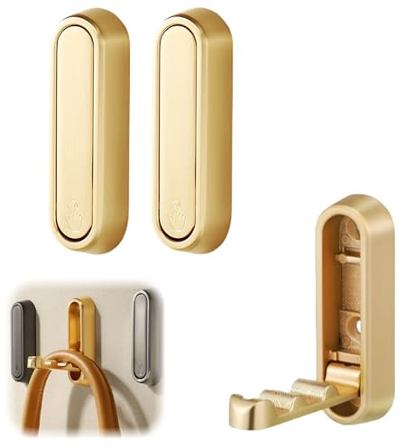 YELKOEYN 2 Pcs Foldable Wall Hook - Folding Coat Hooks, Sturdy Zinc Alloy, Space Saving Foldable Design, Home Organizing Gems, Wide Hanging Surface for Bathroom Kitchen Entryway (Gold)