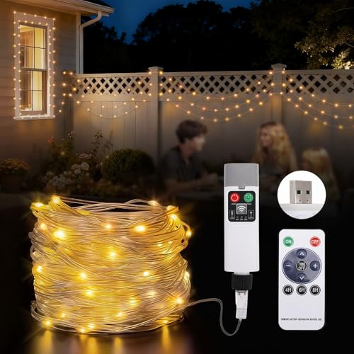 99FT/300LED USB Rechargeable String Lights, Battery Powered Rope Lights | with 8 Lighting Modes, Hanging Waterproof Portable LED Lamp for Camping Essentials, Yard, Christmas Party- Warm White