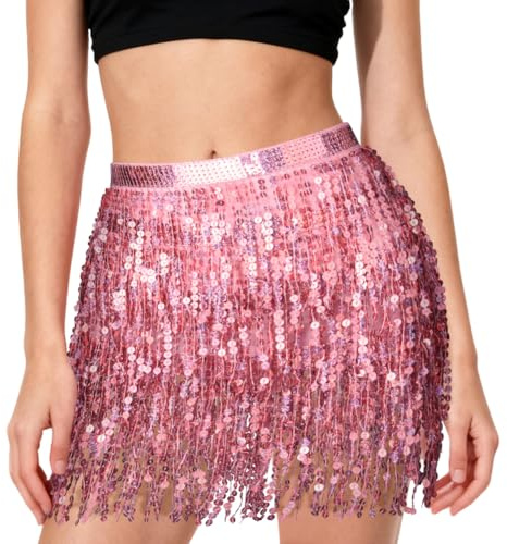 AYBUY Sequin Skirt for Women, Tassel Belly Dance Skirt Mini Sparkly Glitter Shiny Skirts for Performance & Festival Dance, Pink