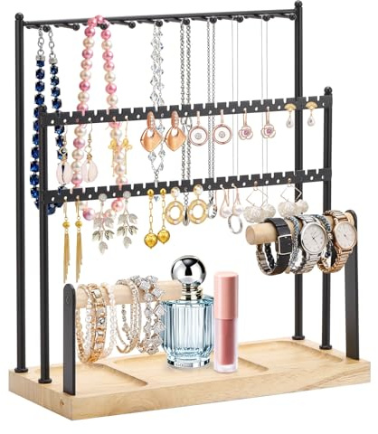 Jewelry Organizer Stand, 4 Tier Earring Holder with 46 Holes and 20 Hooks, Necklace Organizer Jewelry Display Storage Tower Tree, Jewelry Stand Holder Organizer for Necklace Bracelet Earring Watches