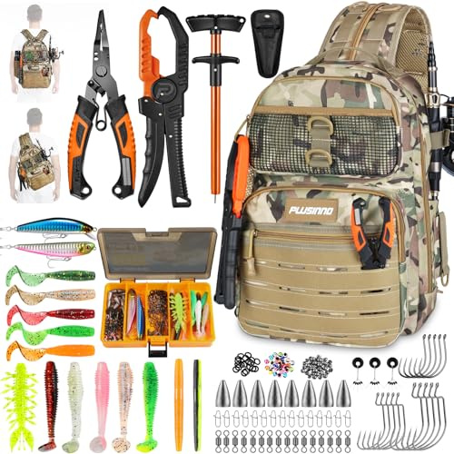 PLUSINNO Fishing Gear Fishing Backpack with Tackle Box, Waterproof tackle Backpack with Rod Holders, Lures, Tools, Pliers & Accessories, Fish Gifts for Men