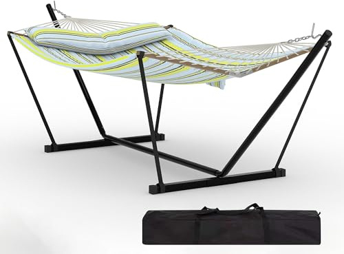 Garvee Hamaca para 2 Personas con Soporte y Barra de Madera, Verde | Acolchada y Antidesgarro, 450 LBS, Portátil para Jardín Patio Playa, Incluye Bolsa de Transporte