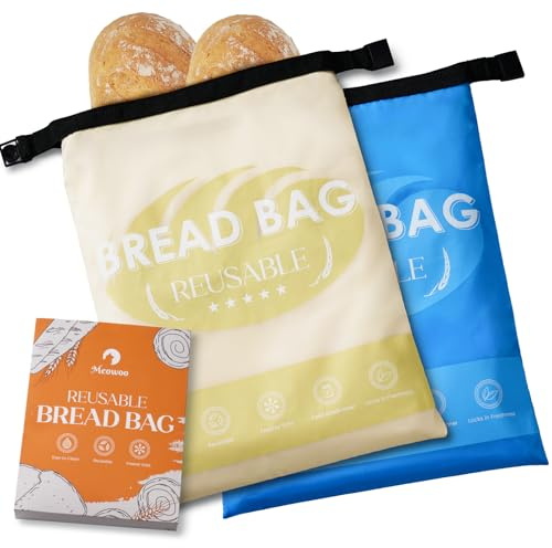 Meowoo 2Pcs Reusable Bread Bags for Homemade Sourdough, Polyester Bags for Sourdough with Sealed Zipper, TPU Lining, Keeps Fresh Longer Food Storage Bags, 43 x 32cm, Blue & Beige
