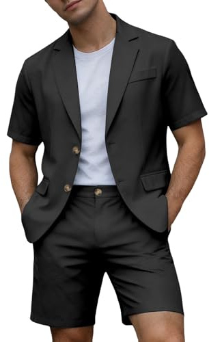 Foweknow Traje para hombre de 2 piezas, informal de manga corta, traje de verano, traje de boda, chaqueta y pantalón de traje, traje de hombre, elegante, de un solo color, ligero, transpirable, traje