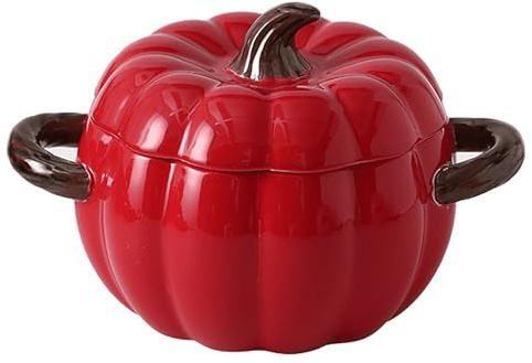 Olla de cocción lenta de cerámica, Mini fuente hornear, lindo tazón de calabaza, parrilla, estufa(Red)