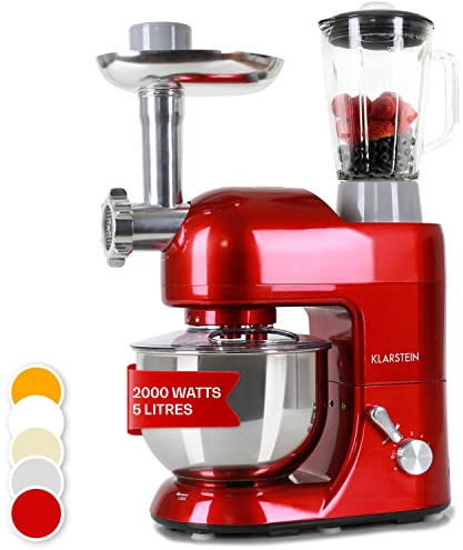 Klarstein Lucia - Universal Food Processor, Mixer, 1300 W, 5 liter, Planetblandningssystem, Köttkvarn, Mixer Cup, 6-växlad, Diverse redskap, Rostfri stålskål, Röd