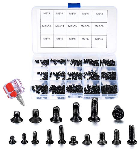 M2 M2.5 M3 Micro Assorted Screws, Self-Tapping Screw Set, Flat Round Pan Head Screws, Laptop Computer Repair Screws Kit, Countersunk Electronic Screws Kits Accessories-450 Pcs, with Screwdriver