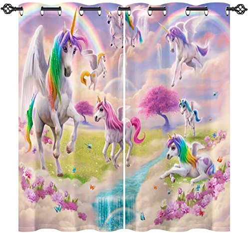 ANHOPE Rainbow Unicorn Blackout Curtains 46 x 54 Inch Drop 2 Panels | Eyelet Top, Pegasus Floral Waterfall Cloud Print, Thermal, Soundproof, Kids Girls Window Drapes for Bedroom Living Room