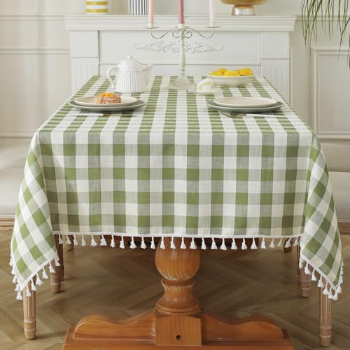 Laolitou Checkered Tablecloth Rectangle Washable Heavy Duty Buffalo Plaid Table Cloth with Tassel Cotton Linen Gingham Table Cover for Spring Picnic Kitchen Dining Room, Green, 55 Inch