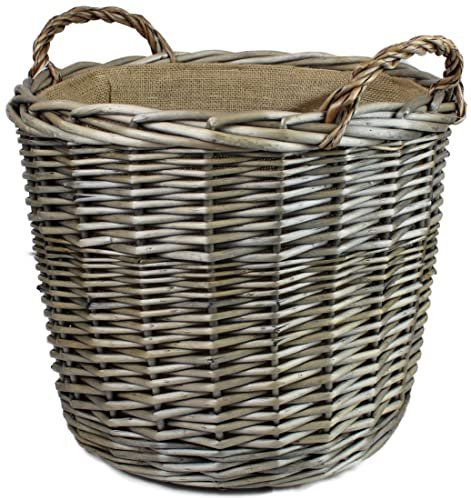 Round Hessian Lined Grey Wicker log baskets. Wood & kindling storage for home hearths and fireplace. Or shoes and laundry (38cm Grey)