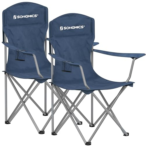 SONGMICS Campingstuhl 2er Set, Klappstuhl Outdoor, Angelstuhl, hohe Rückenlehne, Armlehnen, Getränkehalter, klappbar, bis 150 kg belastbar, Camping Garten Terrasse, dämmerungsblau GCB008Q02