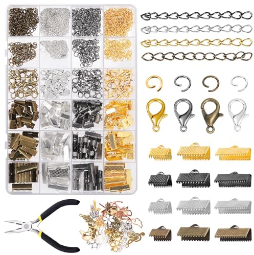 GLARKS Kit di 771 braccialetti a nastro in 4 colori, con terminali a crimpare e chiusure a moschettone con anelli aperti ed estensori per catene, per fai da te, segnalibri, bracciali, collane