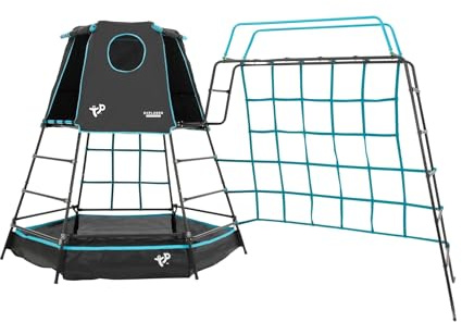 TP Toys Explorer Metal Climbing Frame Set with Monkey Bridge Black Edition - Adventure Playmat, Climbing Ladder, Swing Set and Monkey Bridge. Roll Up Door. Round Viewing Window. Aged 3-12 Years