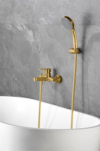 Robinet mitigeur de baignoire et douche en laiton avec douchette (Or brossé)