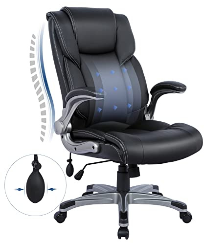 COLAMY High Back Executive Office Chair- Ergonomic Home Computer Desk Leather Chair with Padded Flip-up Arms, Adjustable Tilt Lock, Swivel Rolling Chair for Adult Working Study, Black