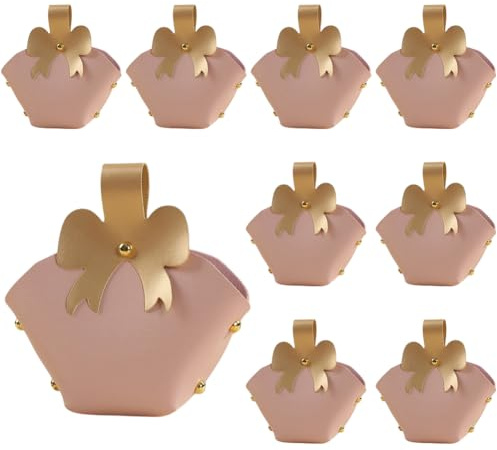 CALFOVERA 10 Confezione di Piccole Scatole per Bomboniere Riutilizzabili in Pelle PU Sacchetti per Caramelle con Manico Mini Borse Rosa per Matrimoni Battesimi Compleanni Feste di Halloween