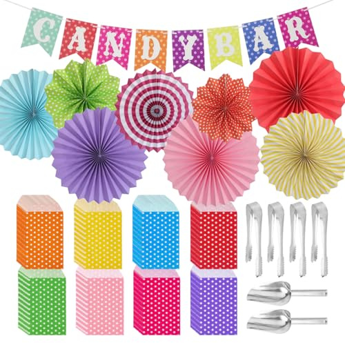 95 Piezas Candy Bar Accesorios, Incluyendo 80 Bolsas de Caramelos, 4 Clips y 2 Espátulas de Caramelos, 8 Abanicos de Papel Decorativos y 1 Banner de CANDY BAR, para Cumpleaños Fiesta de Bodas