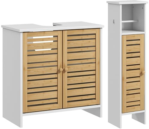 HOMCOM Conjunto de Baño Incluye 1 Mueble Bajo Lavabo 1 Columna de Baño Estrecha con Puertas de Bambú Portarrollos de Papel y Estantes Ajustables Blanco y Natural