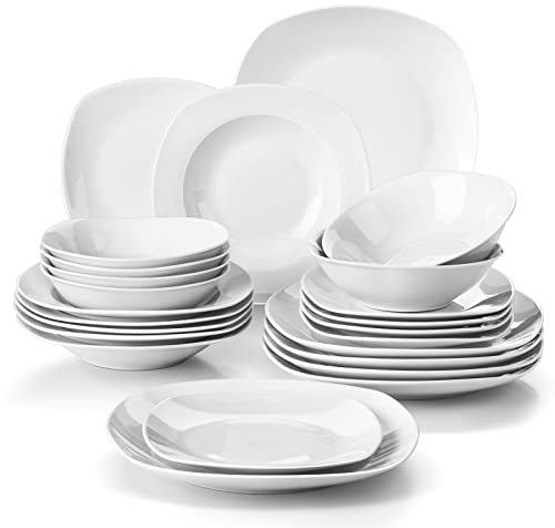 MALACASA Geschirrset 6 Personen, Serie Elisa 24-teiliges Modern Tafelservice in Hellgrau weiß, Porzellan Teller Set mit je 6 Speiseteller, 6 Dessertteller, 6 Suppenteller, 6 Schüssel