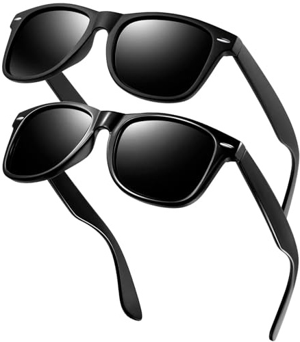 KANASTAL Occhiali da Sole Uomo Donna Polarizzati Neri 2 Paia Scuri Opachi Quadrati UV400 Vintage Retrò Vintage Black Sunglasses per Spiaggia Viaggio Pesca Golf -Nero Lucidi + Nero Opaco