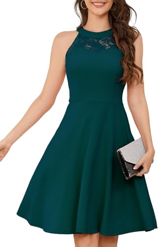 Bbonlinedress Vestidos Mujer de Cóctel Vintage Elegantes años 50 para Bodas Fiesta Bailar Cuello Halter Turquoise L