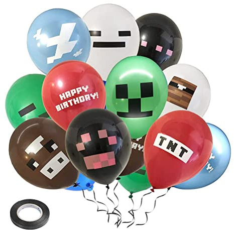 Kuou 24 Pcs Balloons with 1 Roll Ribbons (0.5cm*5m), 12 Inch Party Supplies Decorations for Boys' Birthday Gaming Theme
