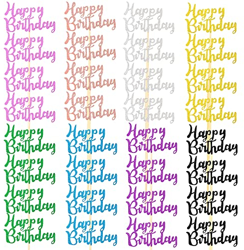 32 Pieces Birthday Cupcake Toppers Glitter Happy Birthday Cake Cupcake Topper Picks Dessert Topper Decoration for Birthday Party Anniversary Celebration, 8 Colors