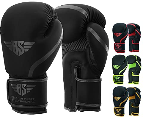 BES Smart® - Guanti da boxe professionali per adulti, ragazzi, ragazzi, uomini e donne, in pelle Pro Gel Muay Thai MMA Kick Boxing Sparring Grappling combattimento e allenamento (226,8 g, nero opaco)