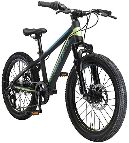 BIKESTAR Kinder Fahrrad Aluminium Mountainbike 7 Gang Shimano, Scheibenbremse ab 6 Jahre | 20 Zoll Kinderrad MTB | Schwarz Grün