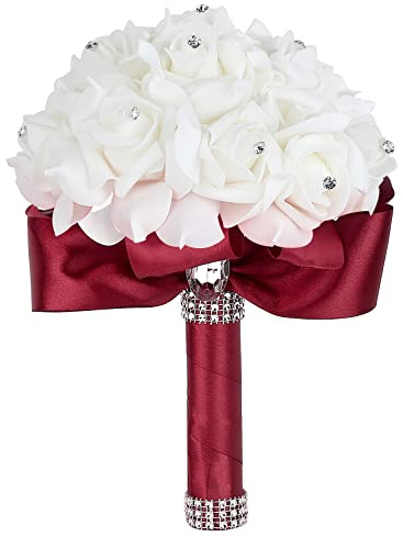 Febou Burgundy Wedding Bouquet for Bride Bridesmaid Toss Bouquet Crystals Silk Rose Bridal Bouquet for Wedding Party (Burgundy White)