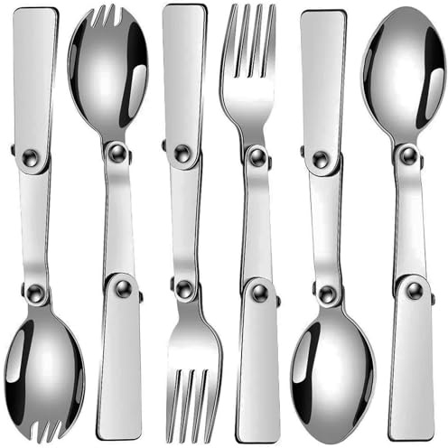 Pinenjoy 6Pcs Folding Spoon Fork Spork Set, 18/10(304) Stainless Steel Portable Camping Utensil for Thermos Outdoor Activities