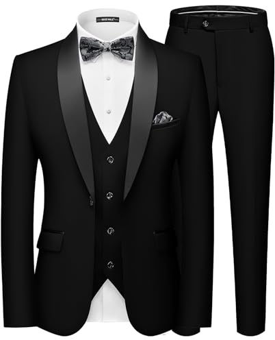 MAGE MALE Men's 3 Piece Tuxedo Suit Slim Fit Blazer Vest Pants Set Black