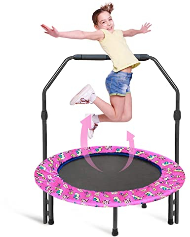 Trampolin Kinder Indoor Outdoor Ø91cm, Mini Trampolins Jumping Fitness Trampolin faltbar Gartentrampolin mit Verstellbarem Griff und Sicherheitspolster, Kindertrampolin für Jungen Mädchen ab 3 Jahre