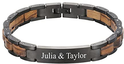 Individuelles schwarzes Edelstahl- und Holzkettenarmband, personalisiertes Armband, Zebraholz/Walnussholz-Schnitzerei, Geschenk für Männer, Jungen, Papa, Holz