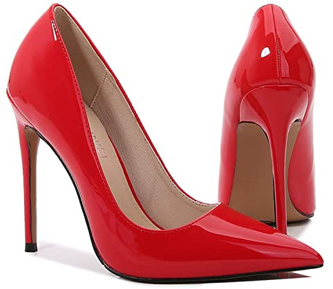 WOkismD Stiletto sexy in pelle verniciata con tacco alto a punta da donna per feste, matrimoni, balli di fine anno, 12 cm, rosso, 39 EU