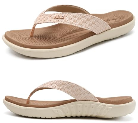 KuaiLu Womens Beach Flip Flops Comfortable Summer Thong Sandals with Plantar Fasciitis Arch Support Slip-on Indoor Outdoor, Beige White Size 5