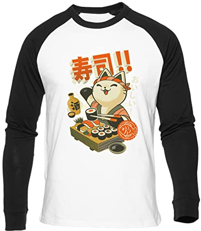 GUNMANTOR Sushi Cuoco Gatto Maglietta da Baseball Bianca Girocollo a Maniche Lunghe Unisex da Donna Uomo T-Shirt Mens Womens XL