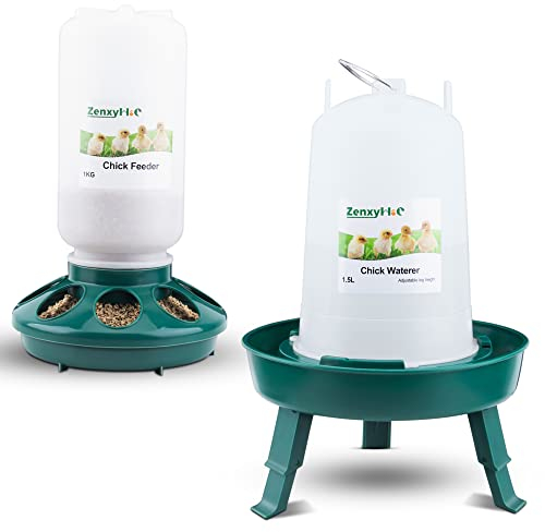 Küken Futterautomat und Tränke Set, 1 L Hühner Futterautomat und 1,5 L Hühnertränke mit 3 verstellbaren Höhen (Grün)