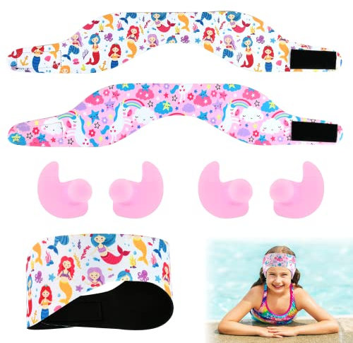 Schwimm Stirnbänder Kinder, 2 PCS Wasserdichtes Kopfband, Stirnband Schwimm Kinder mit Ohrstöpsel, Ohrenband Wasserdichtes mit Elastizität und Klettverschluss (Rosa-S)