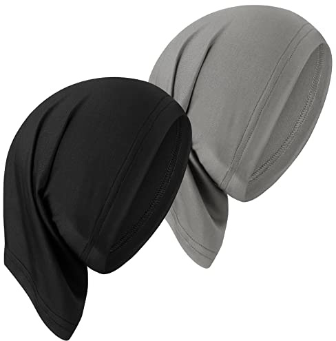 2 Pièces Turban Hijab Foulard Respirant Bonnet Musulman Extensible pour Femme (Noir, Gris)