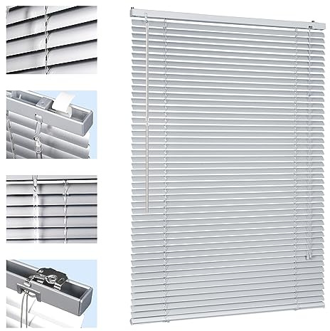 Sekey Klemmfix-Jalousie für Fenster freihängend, 25mm Alu-Lamellen, mit Bohren, inklusive Montagematerial Aluminium-Jalousie ohne Bohren, 80x160cm,Silber