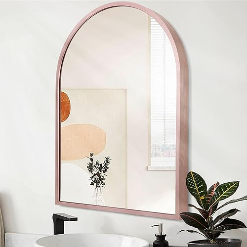HLFMVWE Arched Wall Mirror for Bathroom,Mirrors for Wall Vanity Mirror Decor Bedroom Vanity Entryway Living Room, Metal Frame 40 x 30cm Rose Gold