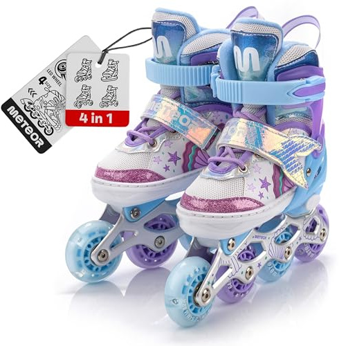Inlines Rullskridskor Barn 4-i-1 set Rullskridsko för Barn Justerbar Rullskor Skridskor Rollerblades för Nybörjare med Självlysande Hjul METEOR