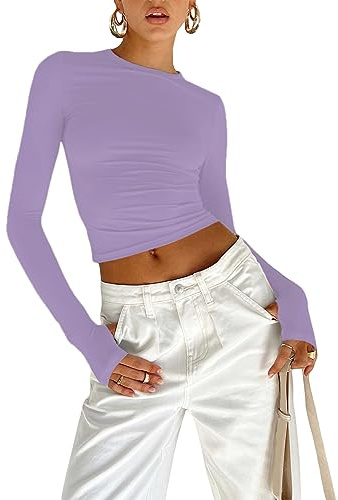 OYIGELZ - Camiseta de manga larga para mujer, camiseta básica de manga larga, crop top Y2K, ajuste slim, parte superior casual, cuello redondo, camiseta de moda, morado, XL